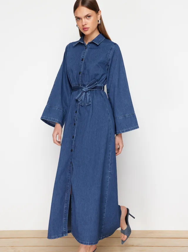 Trendyol TRENDYOLMİLLA Dames Blauw Effen Maxi Lang Casual Blousejurk Jurken, foto 2
