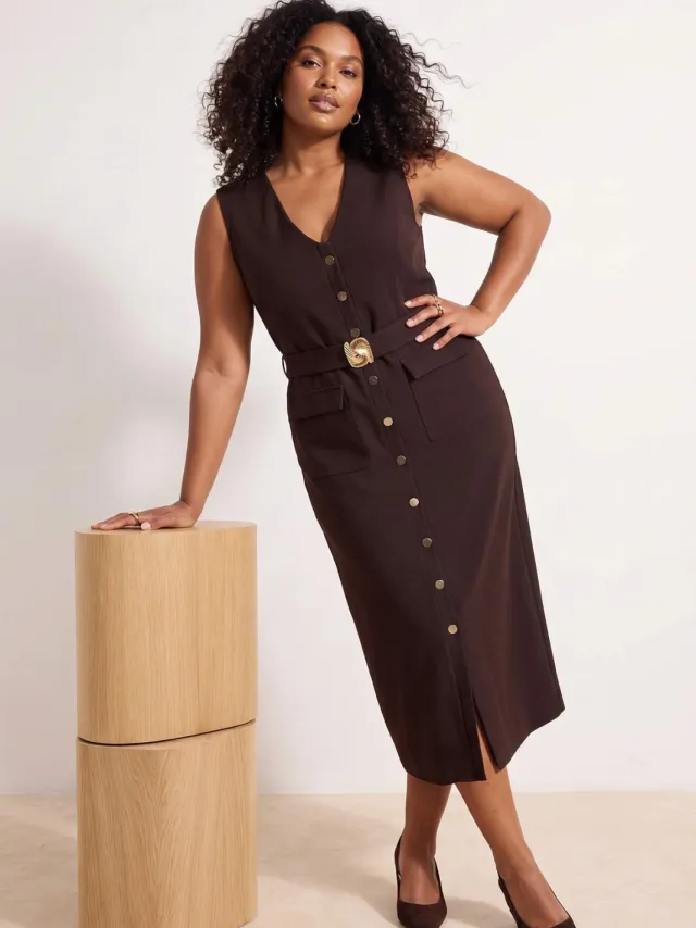 Trendyol Curve Dames Bruin Effen Maxi Mouwloos Avond / Dagelijks Bodycon Grote maten Jurk