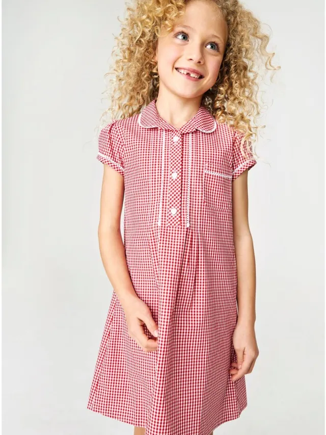 Next Meisjes - Geruite schooljurk met kant, knopen aan de voorkant en hoog aandeel katoen - Rood Red