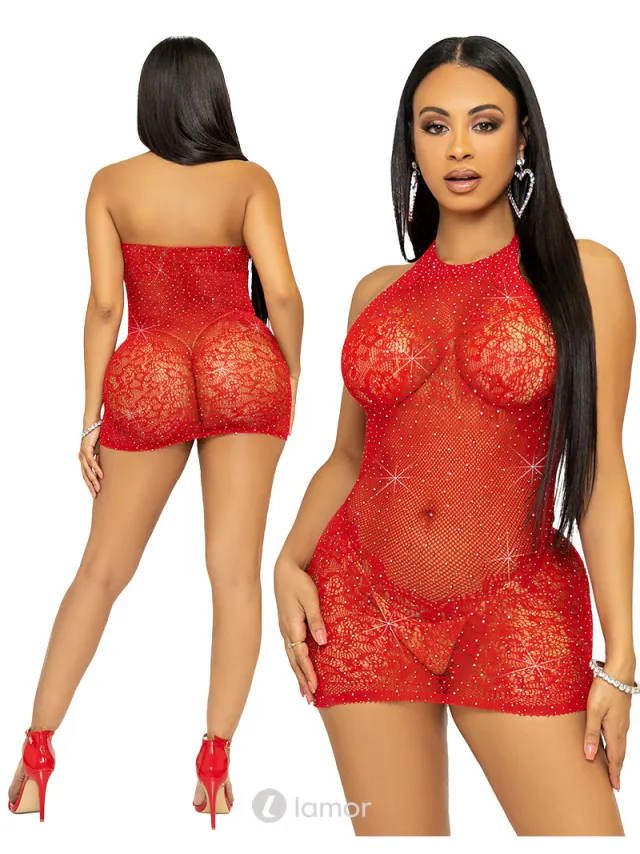 Leg Avenue Rood halter mini-jurk bedekt met strass., LAV86134