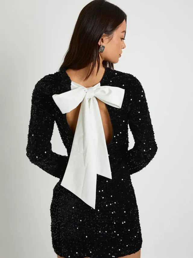 boohoo Dames Tall Fluwelen Pailletten Strik Rug Mini Jurk zwart, foto 2