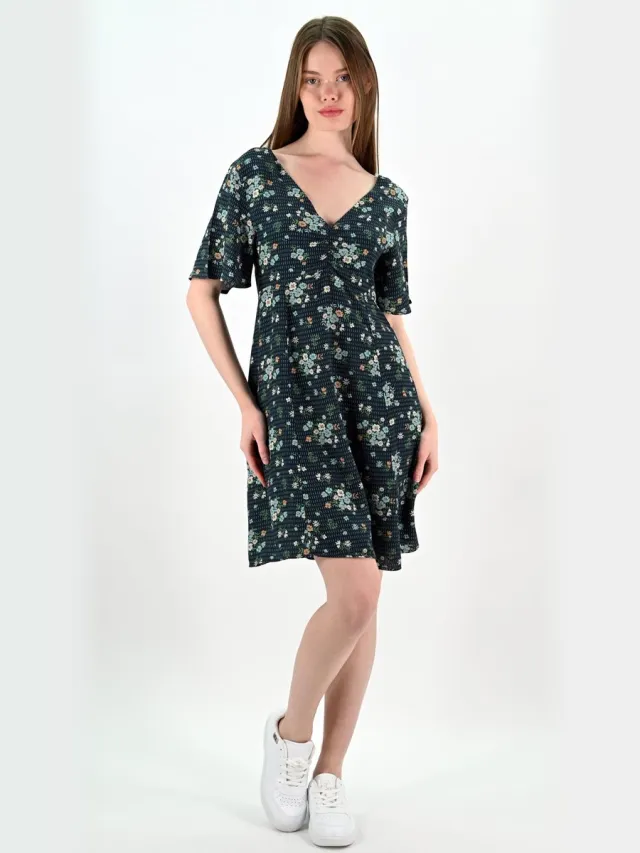 YESMOOI Mini Jurk met Bloemenprint - V-hals en Open Rug - XXL (44) - Donkergroen | Blauw | Oranje