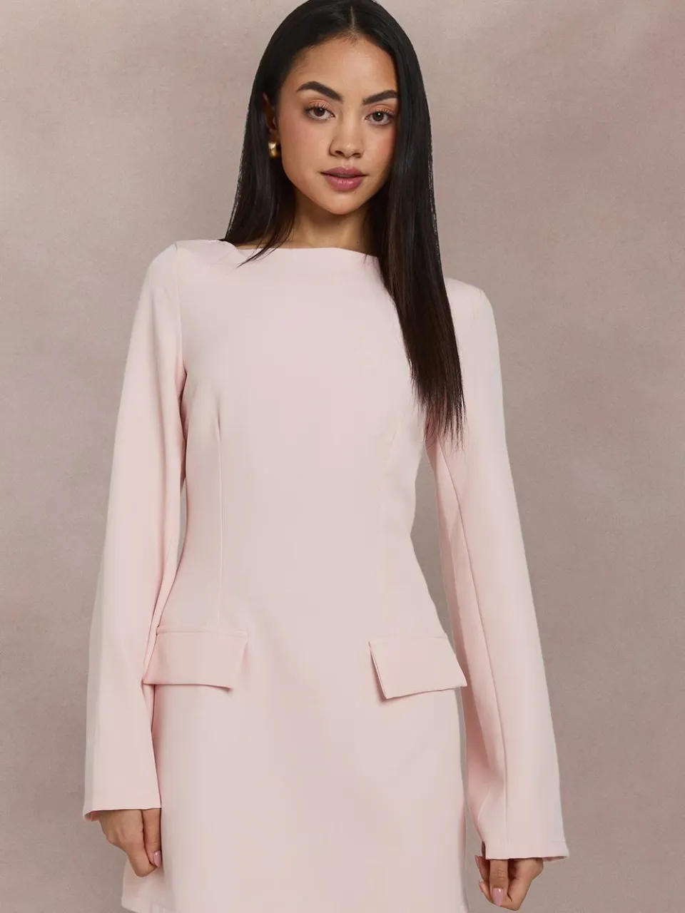 boohoo Dames Mini Jurk Met Lange Mouwen, Slash Hals En Gestructureerde Pasvorm pastelroze, foto 2