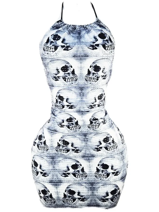 BamBella ® - Jurk - Skull Gothic print wit zwart skulls doodshoofd kort mini jurkje kleed