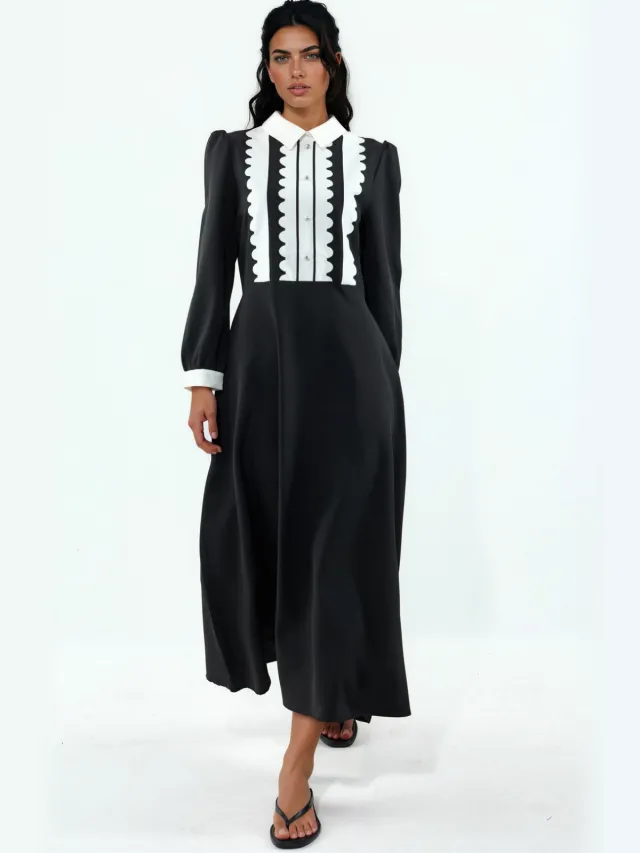 MSN Collection Geknoopte Crew Neck Maxi Jurk Zwart
