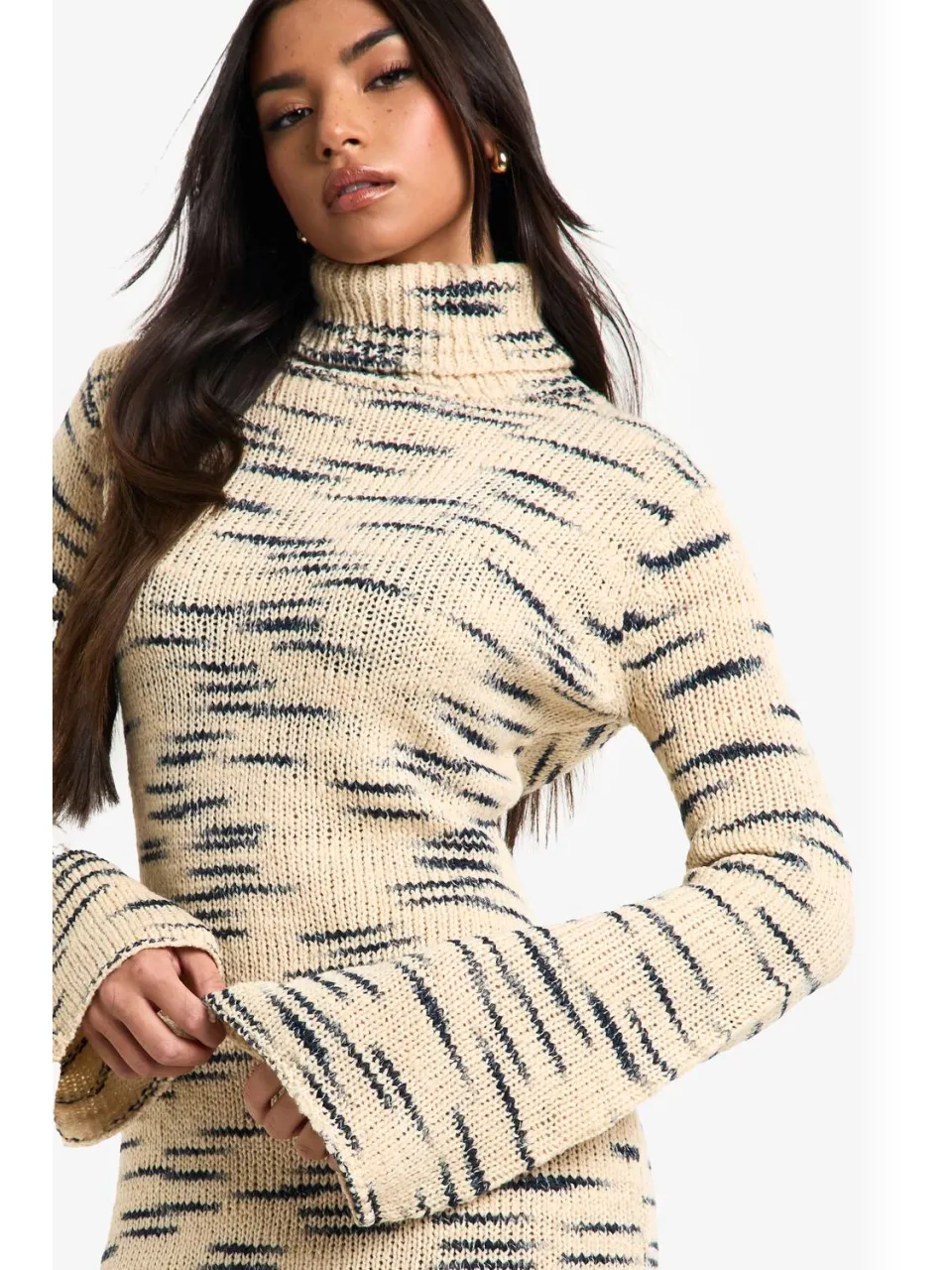 boohoo Dames Premium Marl Gebreide Rolkraag Midi Jurk steen, foto 3