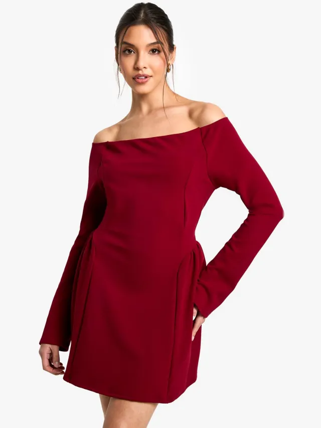 boohoo Dames High Bardot Tie Back Skater Jurk Bordeaux Rood