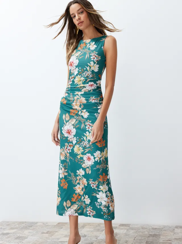 Trendyol TRENDYOLMİLLA Dames Groen Bloemen Maxi Mouwloos Avond / Dagelijks A-lijn Jurken