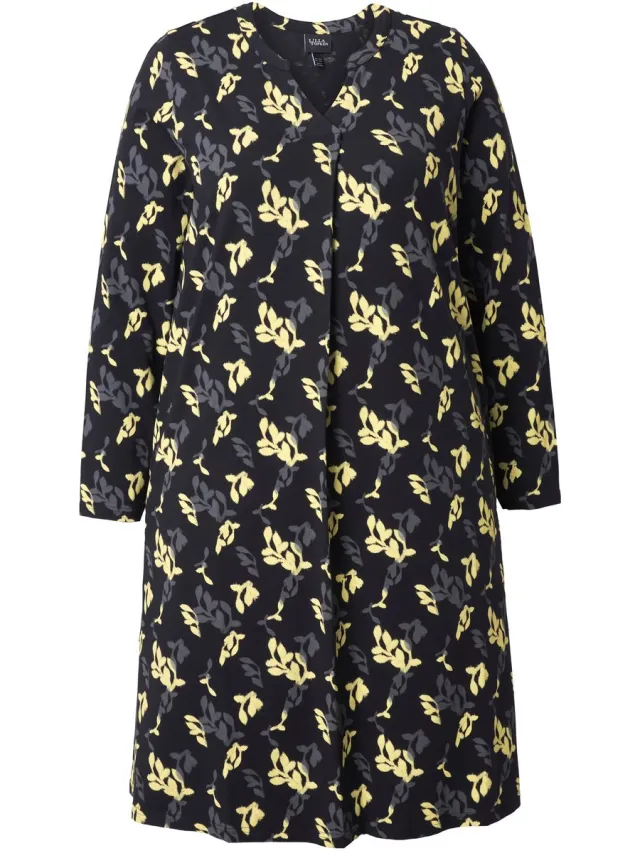 Ulla Popken Dames - Jersey jurk bloemen A-lijn tuniekhals lange mouwen - Zwart - Maat 50+