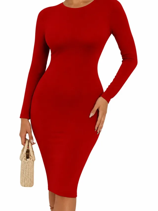 RedParrot Strakke elastische dames jurk - Feest - Lange mouwen rood