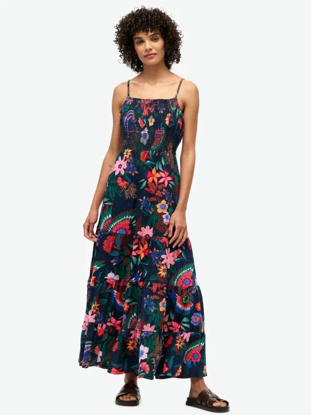 Superdry Gesmokte maxi-cami-jurk - Dames - Jurken vera floral navy