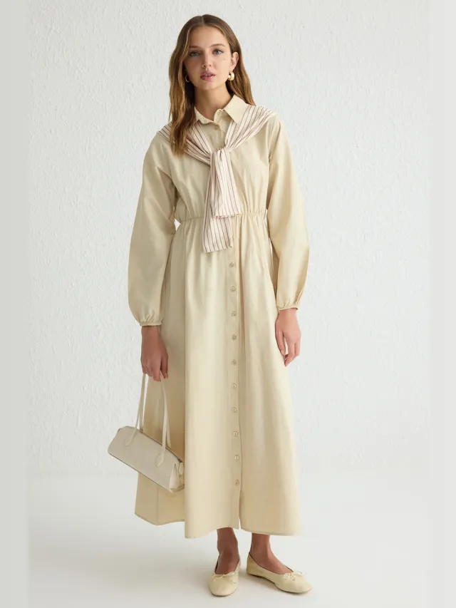 Trendyol Modest Dames Beige Effen Maxi Lang Casual Blousejurk Modest Jurken