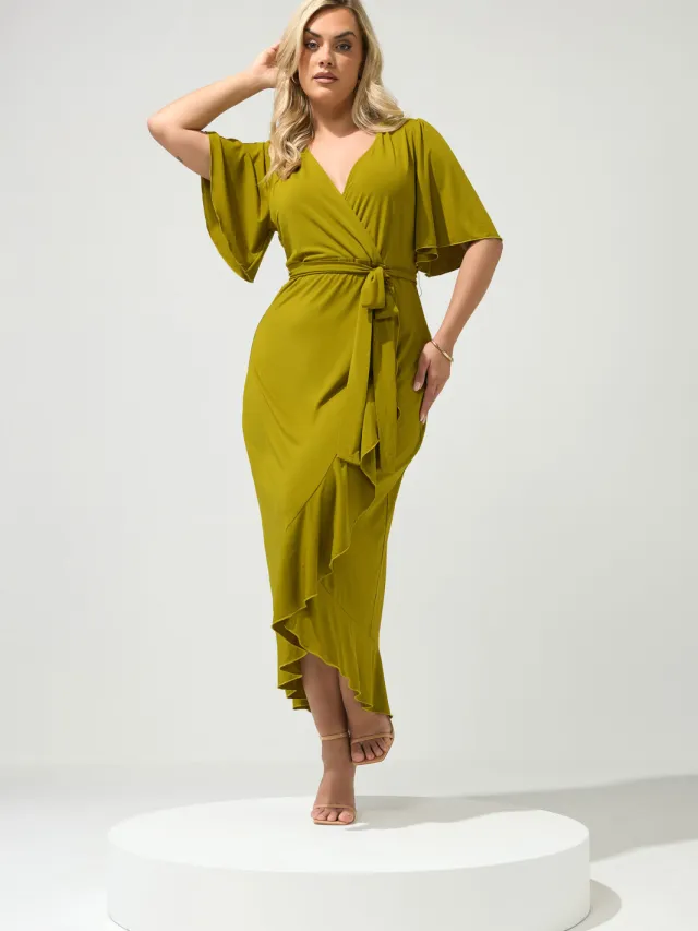 Yours London Chartreuse Groene Maxijurk Met Korte Mouwen En Ruches Green