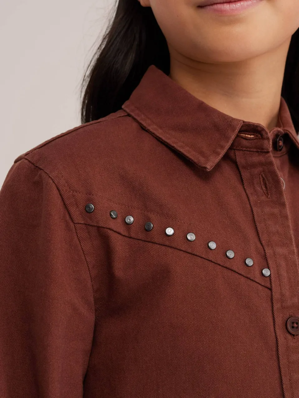WE Fashion denim blousejurk met studs roodbruin, foto 4