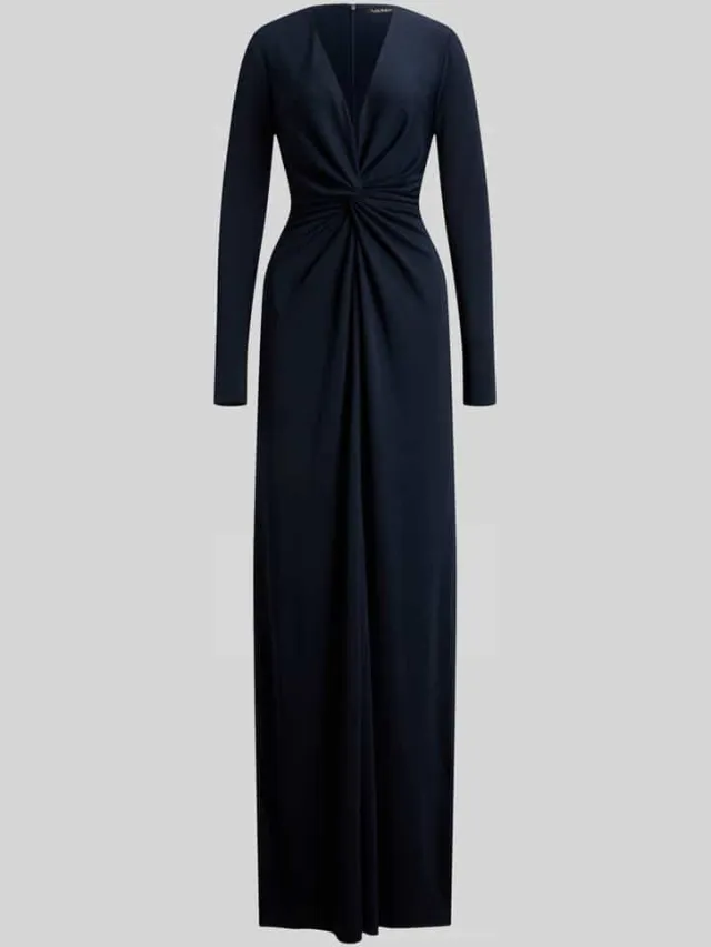 Lauren Ralph Lauren Avondjurk met diepe hals en knoopdetail donkerblauw, foto 2