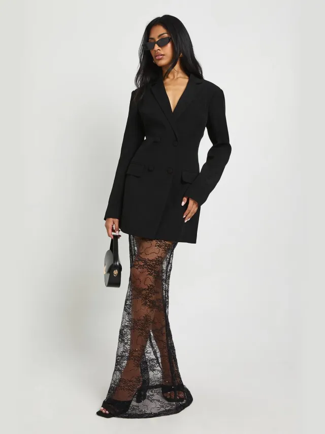 boohoo Dames Kantzoom blazerjurk Zwart