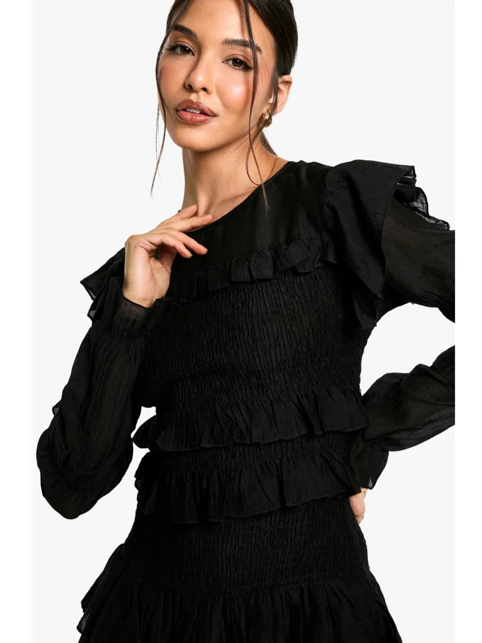 boohoo Dames Sheered Long Sleeve Ruffle Mini Dress zwart, foto 3