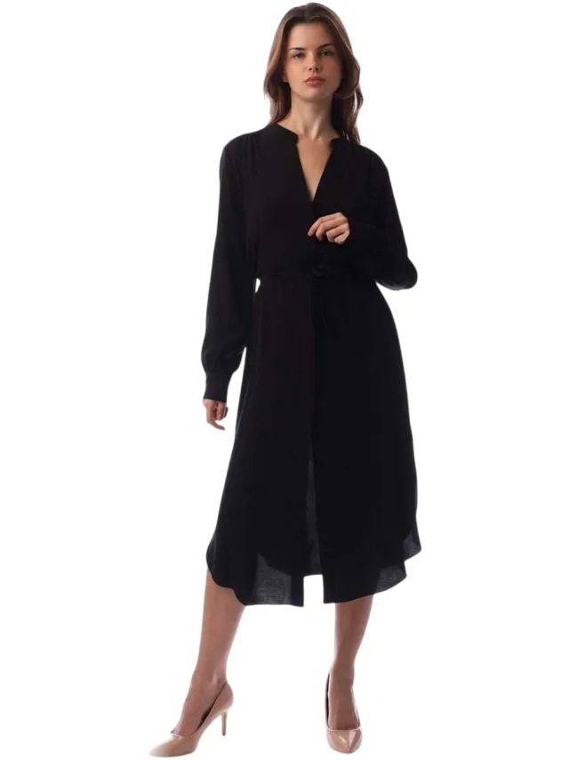 Boss Dibanorah midi-shirtjurk met V-hals en lange mouwen voor dames (Zwart)