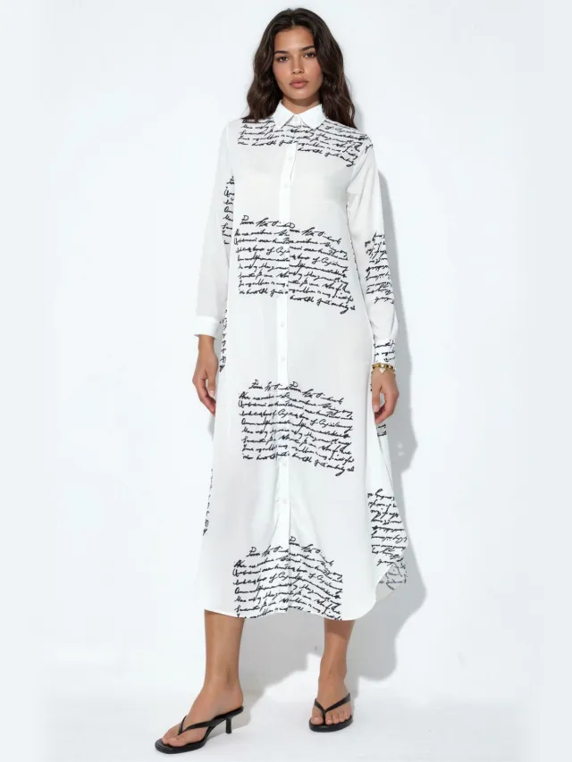 MSN Collection Tekstprint Maxi Shirtjurk Wit