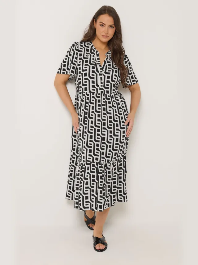 Yours Zwarte Geometrische Jurk Met Halve Knoopsluiting Black