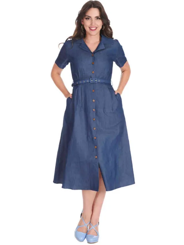 Banned Summer Denim Dream Flare jurk - L - Blauw