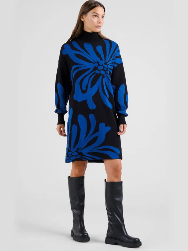 Dedicated dames vegan Jurk Nikkala Big Flower Zwart Blauw