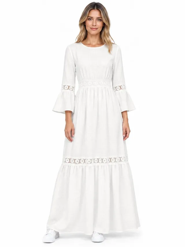 Imily Bela Dames Maxi Jurk met Uitlopende Mouwen en Opengewerkte Details Wit
