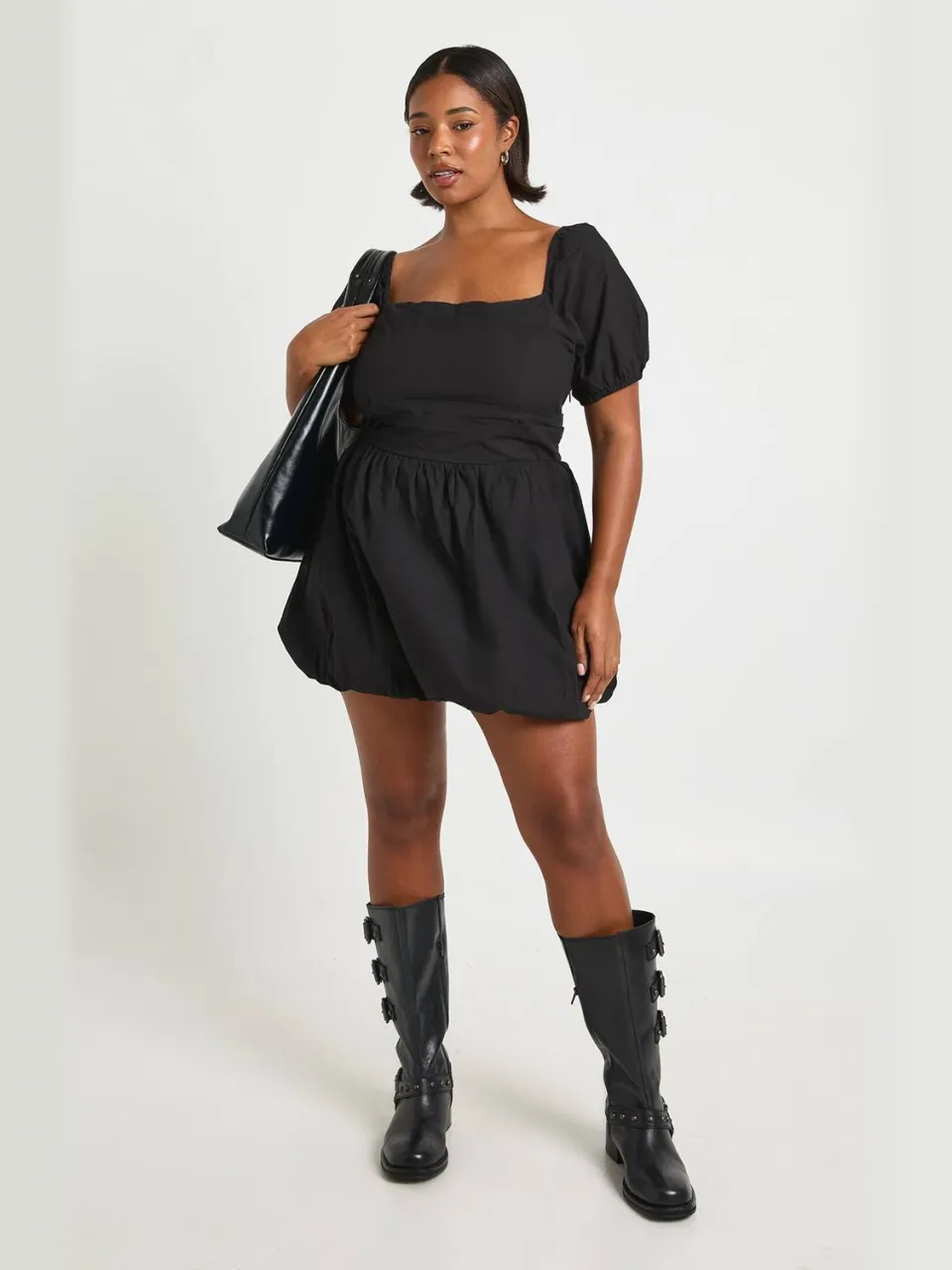 boohoo Dames Plus Katoenen Poplin Korte Mouw Pofbal Jurk zwart, foto 3