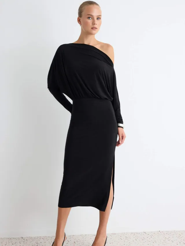 Trendyol TRENDYOLMİLLA Dames Zwart Effen Midi Lang Avond / Dagelijks Bodycon Jurken