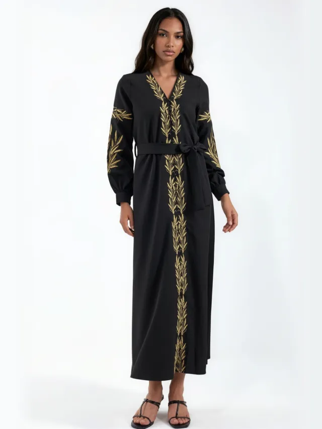 MSN Collection Geborduurde V-hals Maxi-jurk Zwart