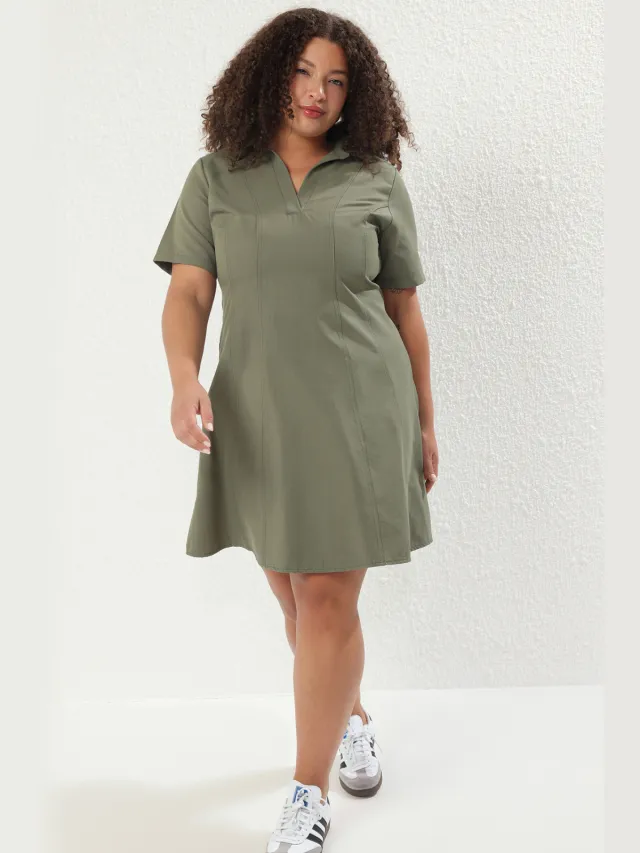 Trendyol Curve Dames Kaki Effen Kort / Mini Kort Casual Blousejurk Grote maten Jurk