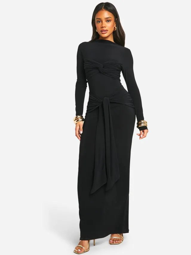 boohoo Dames Geruched Twist Detail Maxi-jurk Zwart