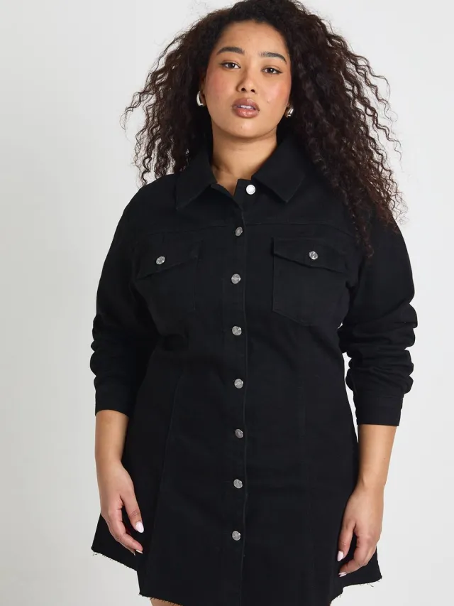 boohoo Dames Plus Denim Doorknoop Jurk Zwart