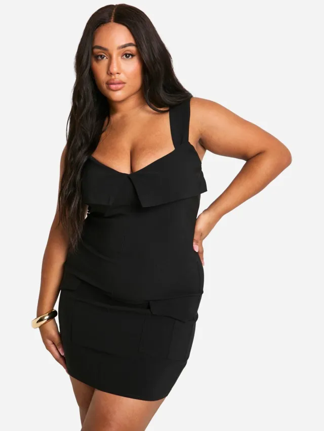 boohoo Dames Plus Bengaline Vouwdetail Utility Bodycon Jurk Zwart