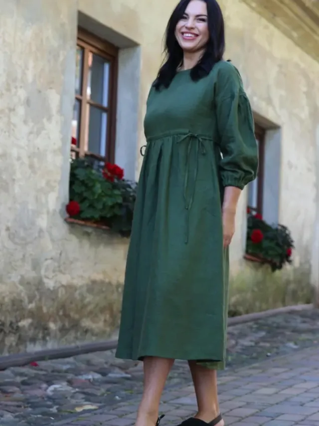 Amber Linen dames vegan Maxi Jurk Verona Bosgroen Donkergroen