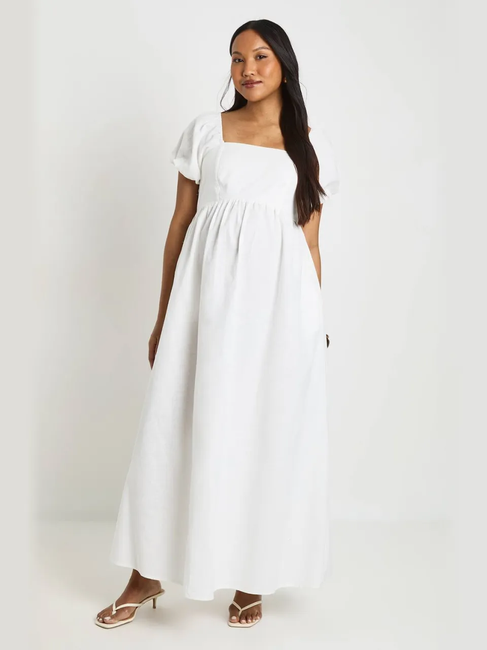 boohoo Dames Zwangerschaps Linnen Pofmouw Gesmockte Maxi Jurk natural, foto 3