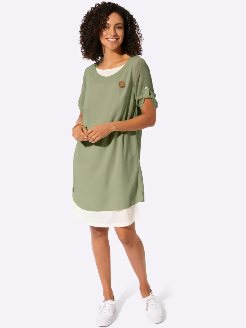 Geweven jurk kaki/ecru