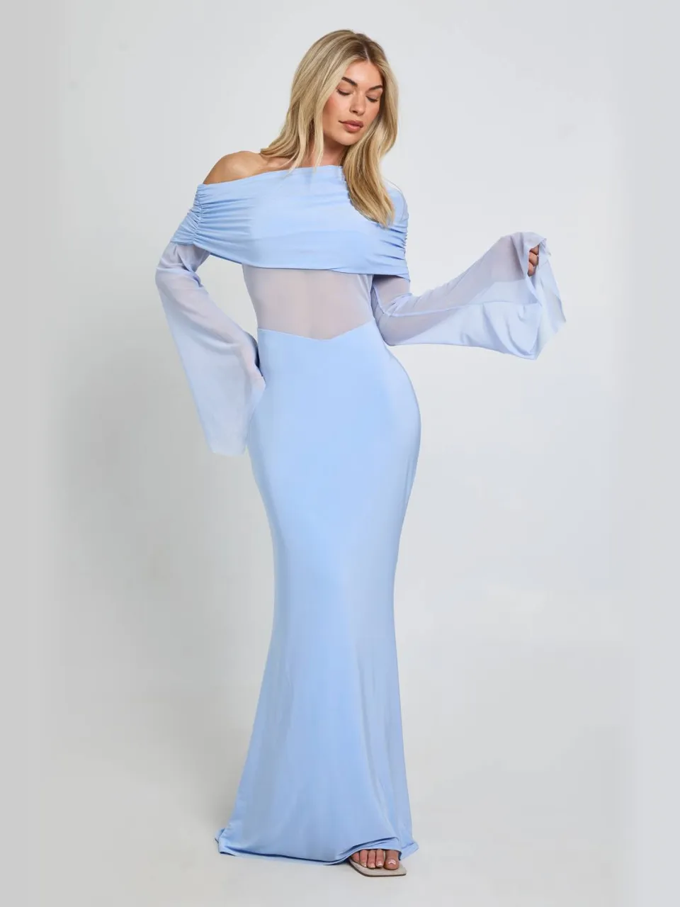 boohoo Dames Mesh Maxi Jurk Met Omgevouwen Detail En Éen Mouw babyblauw, foto 3