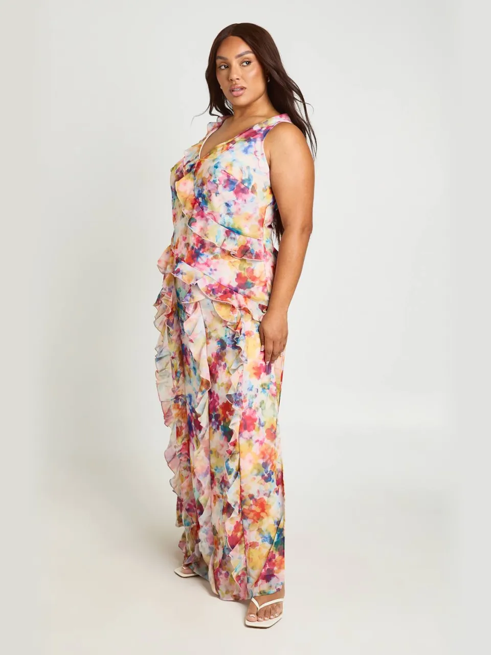 boohoo Dames Plus Zachte Bloemige Chiffon Ruches Maxi Jurk roze, foto 2