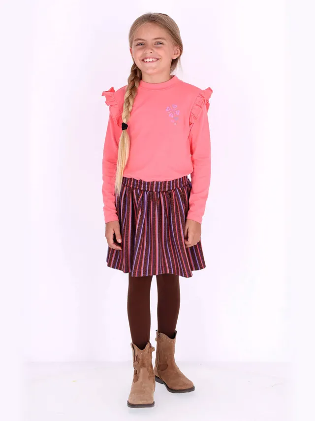 B.Nosy gestreepte midi jurk met ruches roze Roze/bruin/paars