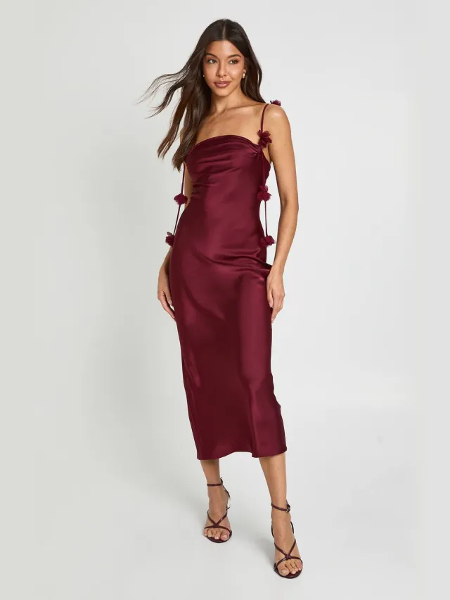 boohoo Dames Midaxi Jurk Met Bandjes, Chiffon Bloemendetail Bordeaux Rood