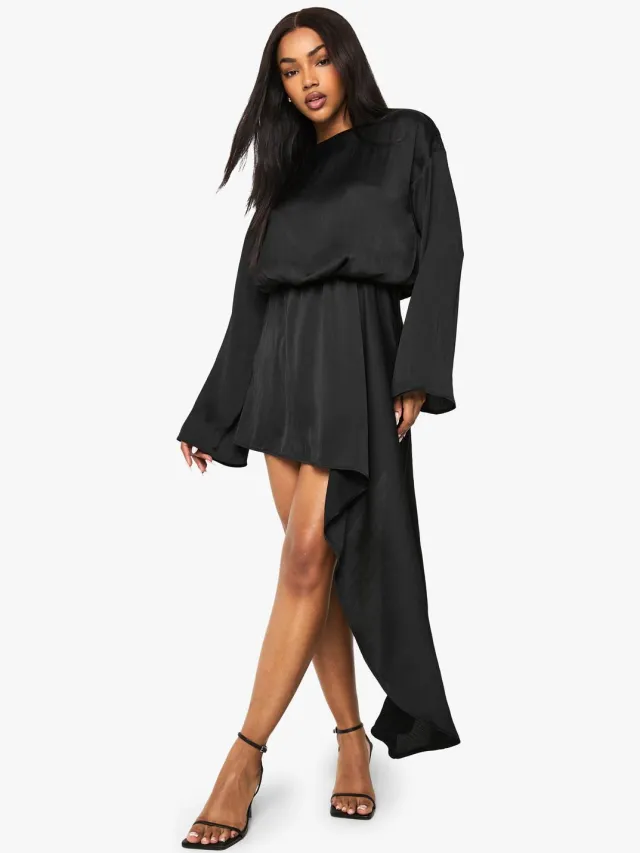 boohoo Dames Mini-jurk met boothals en blouson-drape Zwart