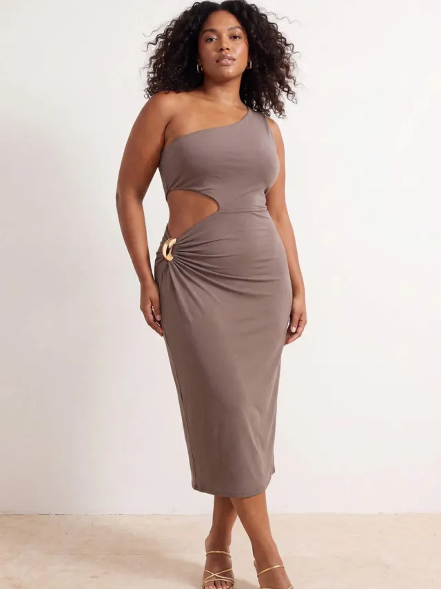 Trendyol Curve Dames Beige Effen Midi Mouwloos Bodycon Grote maten Jurk Taupe