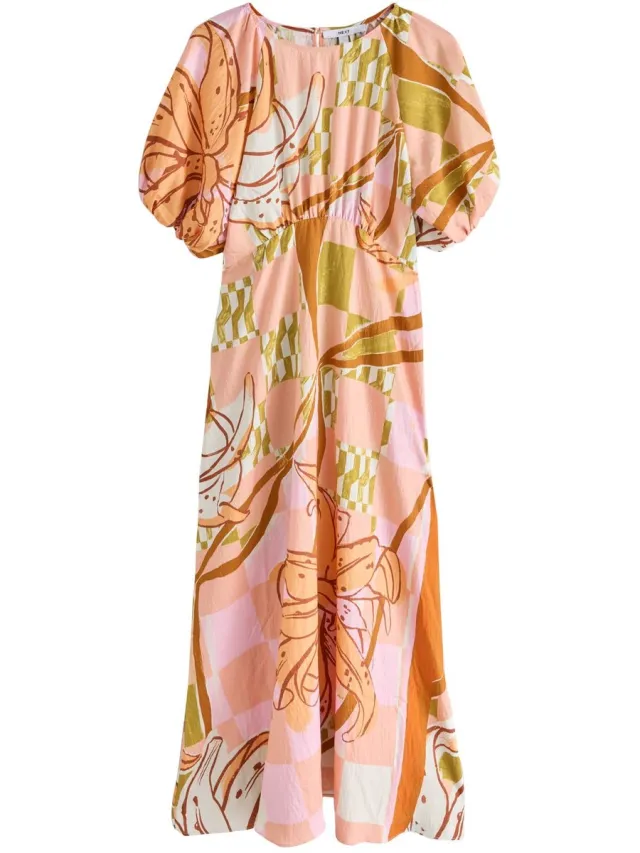 Next Dames - Halflange jurk met pofmouwen - Oranje Orange Floral Print
