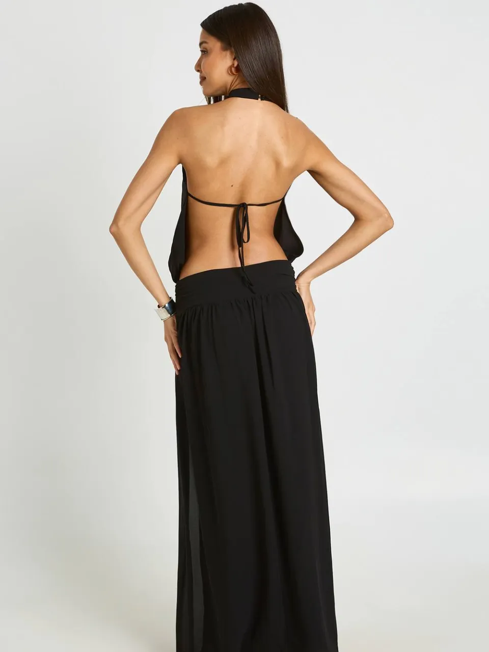 boohoo Dames Chiffon Gerimpelde Lage Taille Halter Maxi Jurk zwart, foto 3