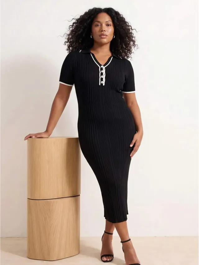Trendyol Curve Dames Zwart Effen Midi Kort Casual Bodycon Grote maten Jurk