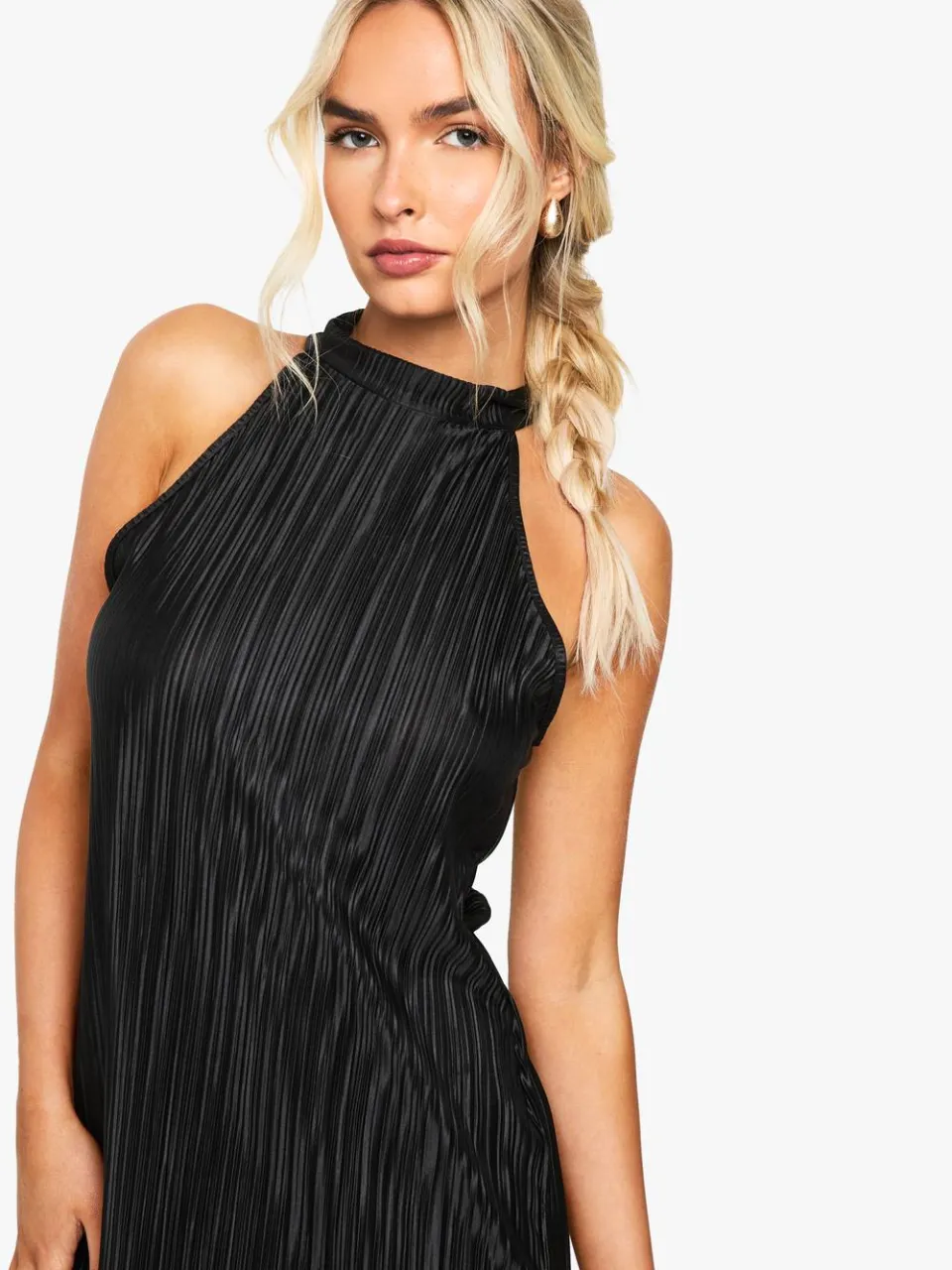 boohoo Dames Plisse Halterneck Midi-jurk zwart, foto 2