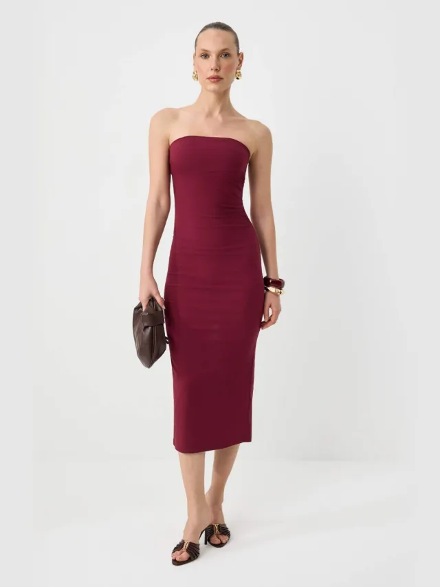 Trendyol TRENDYOLMİLLA Dames Bordeaux Effen Midi Mouwloos Bodycon Jurken Bordeauxrood