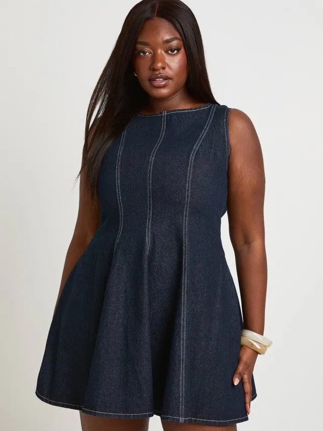 boohoo Dames Plus Denim Flippy Mouwloze Jurk Indigo