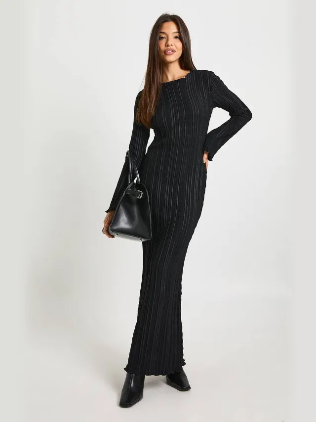 boohoo Dames Getextureerde maxi-jurk met uitlopende mouwen Zwart